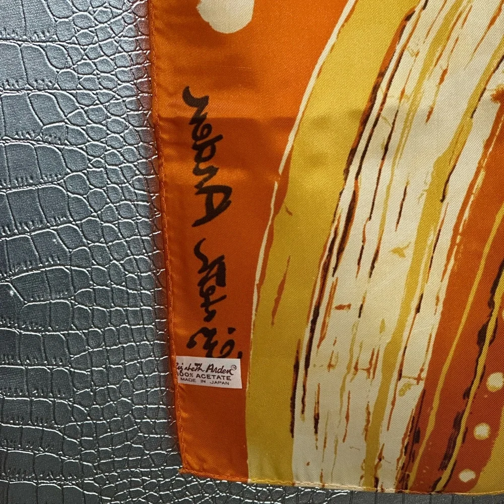 Elizabeth Arden Vintage Orange and Yellow Floral Patterned Silk Scarf